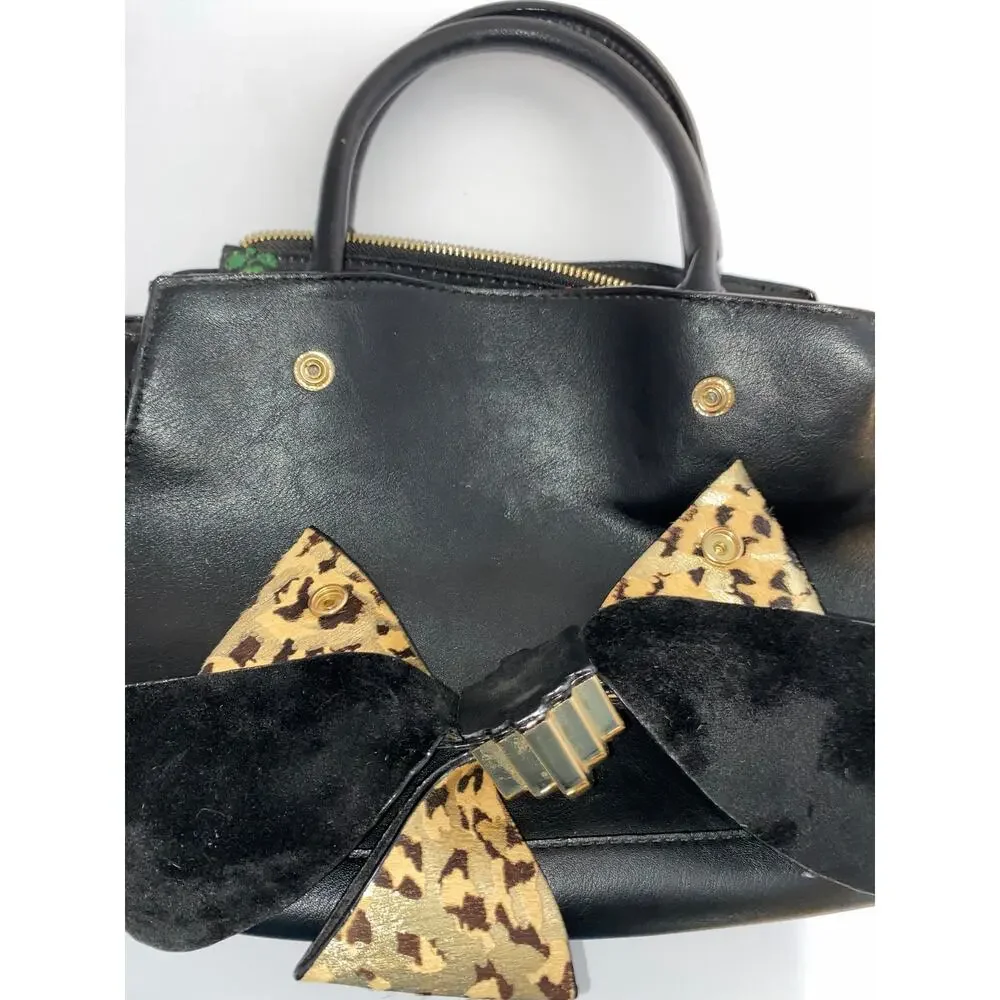 Betsey Johnson Black Satchel Handbag with Leopard Bow Accent